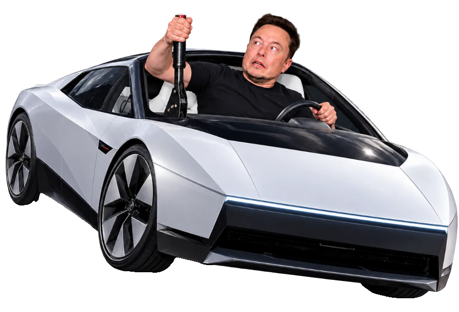 Elon in a white Roadster yanking a tall brake lever with a worried look