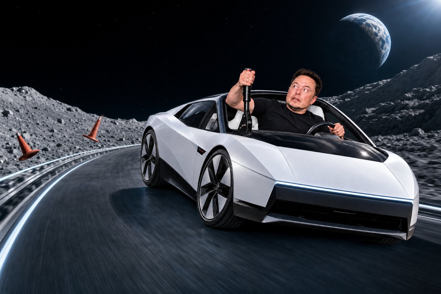 The Roadster skidding along a lunar road past knocked-over cones with Earth in the sky